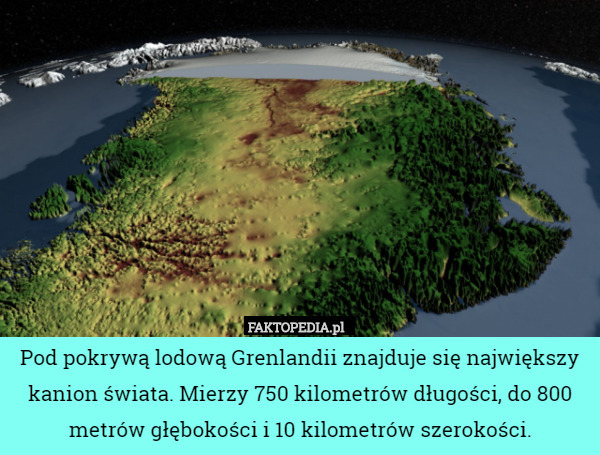 Pod pokrywą lodową Grenlandii znajduje się największy kanion świata. Mierzy 750 kilometrów długości, do 800 metrów głębokości i 10 kilometrów szerokości. 