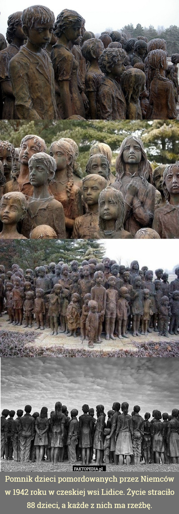 Pomnik dzieci pomordowanych przez Niemców w 1942 roku w czeskiej wsi Lidice. Życie straciło 88 dzieci, a każde z nich ma rzeźbę. 