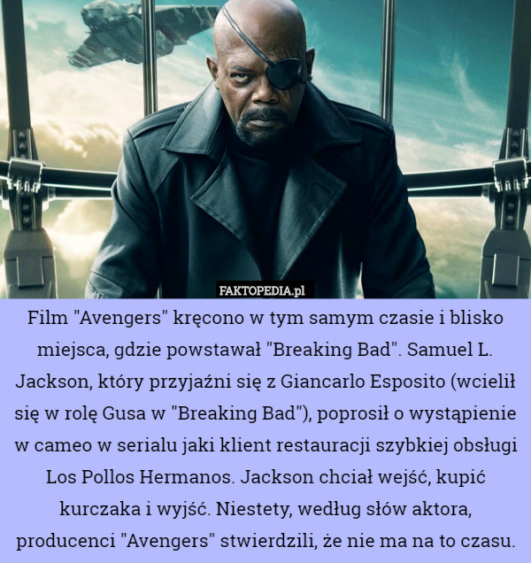 Film "Avengers" kręcono w tym samym czasie i blisko miejsca, gdzie powstawał "Breaking Bad". Samuel L. Jackson, który przyjaźni się z Giancarlo Esposito (wcielił się w rolę Gusa w "Breaking Bad"), poprosił o wystąpienie w cameo w serialu jaki klient restauracji szybkiej obsługi Los Pollos Hermanos. Jackson chciał wejść, kupić kurczaka i wyjść. Niestety, według słów aktora, producenci "Avengers" stwierdzili, że nie ma na to czasu. 