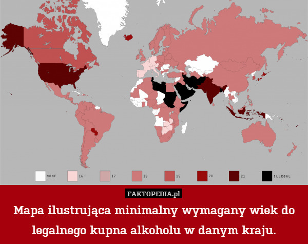 Mapa ilustrująca minimalny wymagany wiek do legalnego kupna alkoholu w danym