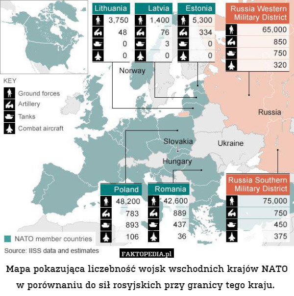 Mapa pokazująca liczebność wojsk krajów członkowskich NATO graniczących