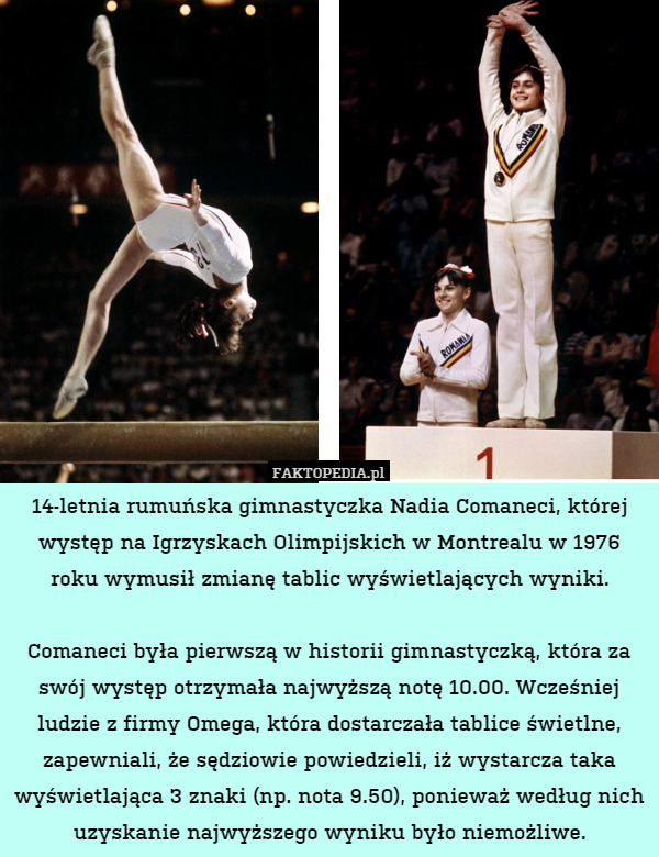 14-letnia rumuńska gimnastyczka Nadia Comaneci, której występ na Igrzyskach