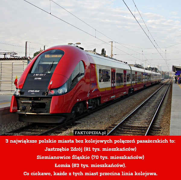 3 największe polskie miasta bez kolejowych połączeń pasażerskich to:
Jastrzębie