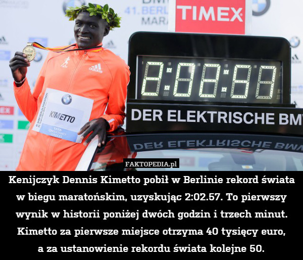 Kenijczyk Dennis Kimetto pobił w Berlinie rekord świata w biegu maratońskim,