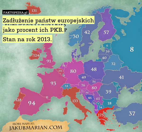 Zadłużenie państw europejskichjako procent ich PKB.Stan na rok 2013.
