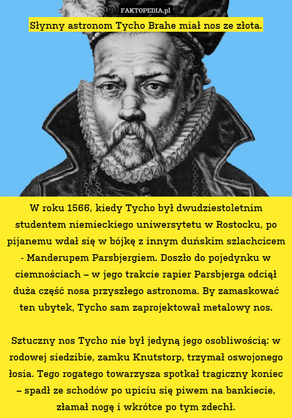 Słynny astronom Tycho Brahe miał nos ze złota.










W roku 1566, kiedy