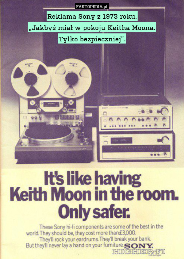 Reklama Sony z 1973 roku."Jakbyś miał w pokoju Keitha Moona.Tylko