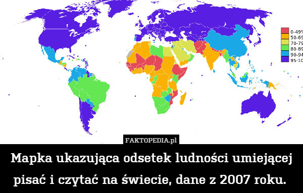 Mapka ukazująca odsetek ludności umiejącej pisać i czytać na świecie, dane