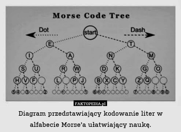 Diagram przedstawiający kodowanie liter w alfabecie Morse'a ułatwiający