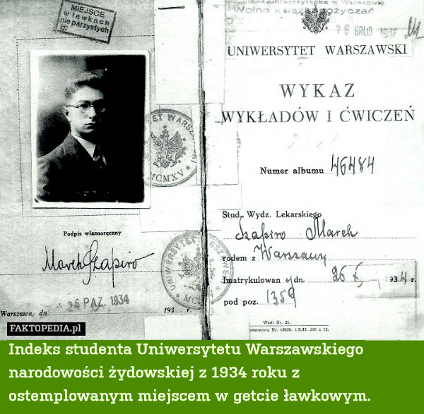 Indeks studenta Uniwersytetu Warszawskiego narodowości żydowskiej z 1934