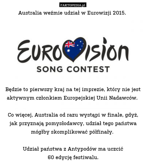 Australia weźmie udział w Eurowizji 2015. Będzie to pierwszy kraj na tej