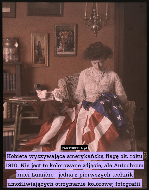 Kobieta wyszywająca amerykańską flagę ok. roku 1910. Nie jest to kolorowane