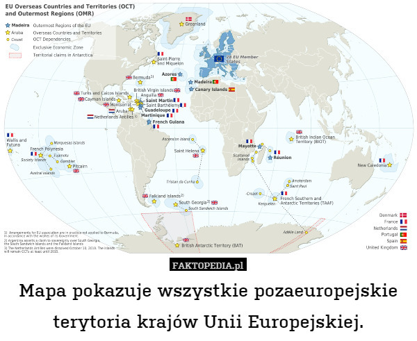 Mapa pokazuje wszystkie pozaeuropejskie terytoria krajów Unii Europejskiej