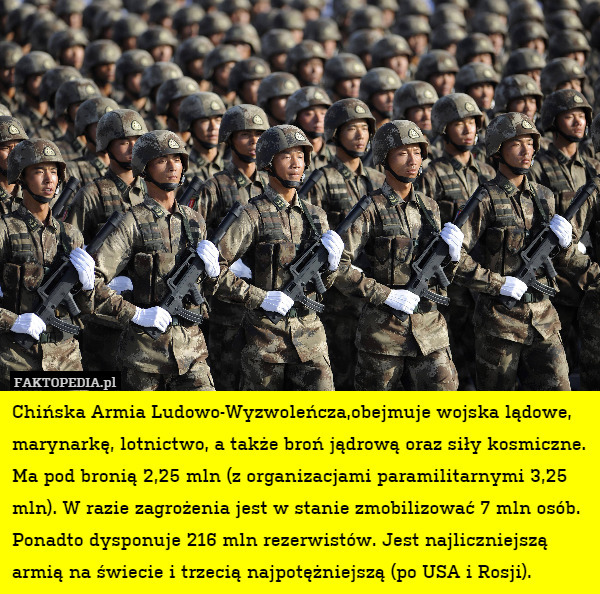 Chińska Armia Ludowo-Wyzwoleńcza,obejmuje wojska lądowe, marynarkę, lotnictwo,