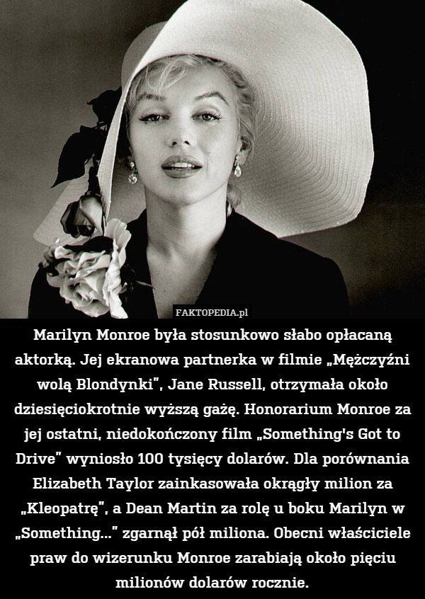 Marilyn Monroe była stosunkowo słabo opłacaną aktorką. Jej