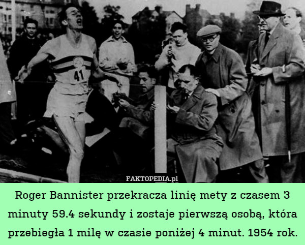 Roger Bannister przekracza linię mety z czasem 3 minuty 59.4 sekundy i zostaje