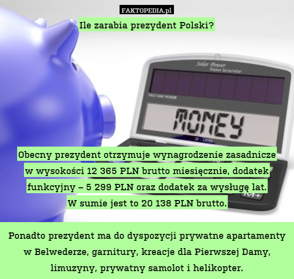 Ile zarabia prezydent Polski?Obecny prezydent otrzymuje wynagrodzenie