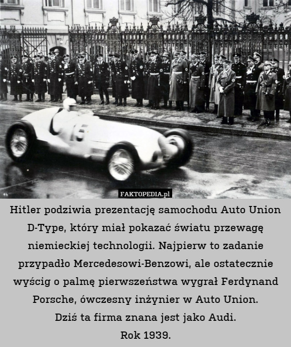 Hitler podziwia prezentację samochodu Auto Union D-Type, który miał pokazać