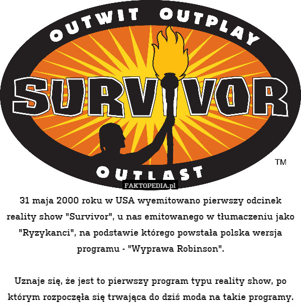 31 maja 2000 roku w USA wyemitowano pierwszy odcinek reality show "Survivor",
