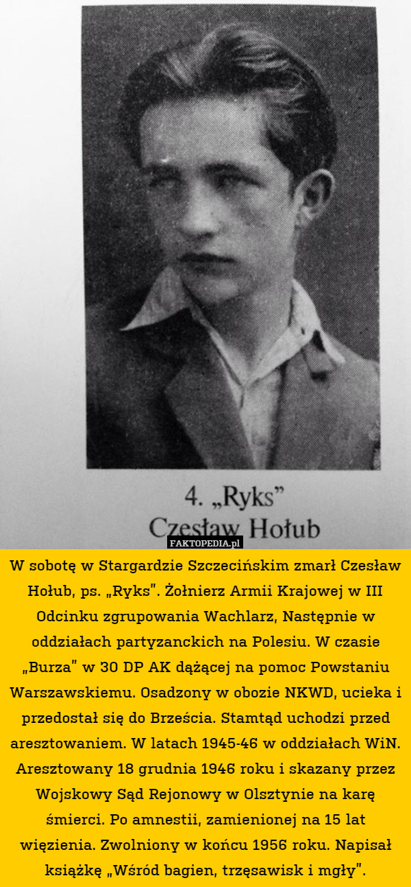 W sobotę w Stargardzie Szczecińskim zmarł Czesław Hołub, ps. "Ryks".