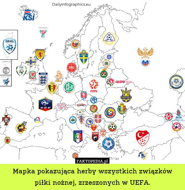 Mapka pokazująca herby wszystkich związków piłki nożnej, zrzeszonych w UEFA