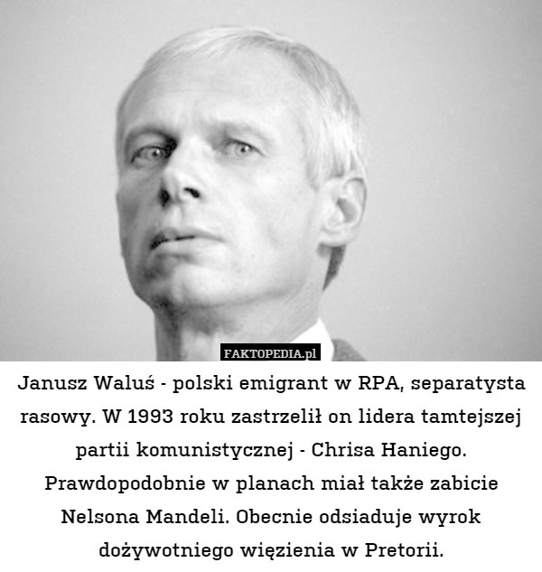 Janusz Waluś - polski emigrant w RPA, separatysta rasowy. W 1993 roku zastrzelił