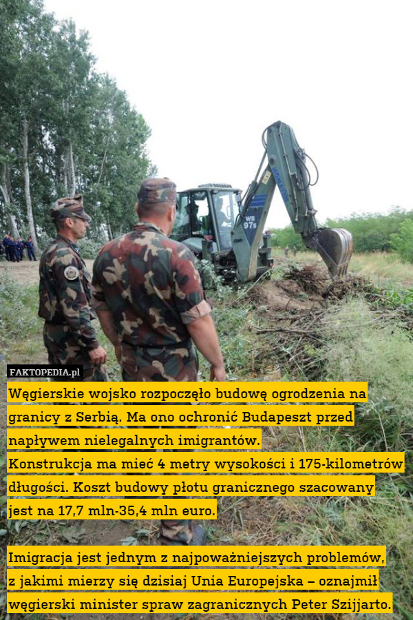Węgierskie wojsko rozpoczęło budowę ogrodzenia na granicy z Serbią. Ma ono