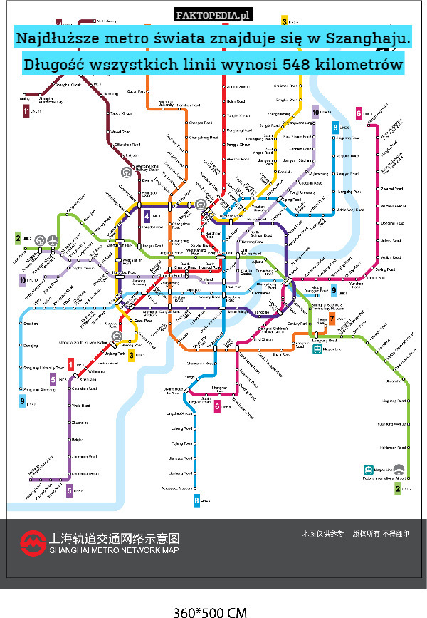Najdłuższe metro świata znajduje się w Szanghaju. Długość wszystkich linii