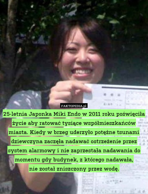25-letnia Japonka Miki Endo w 2011 roku poświęciła życia aby ratować tysiące