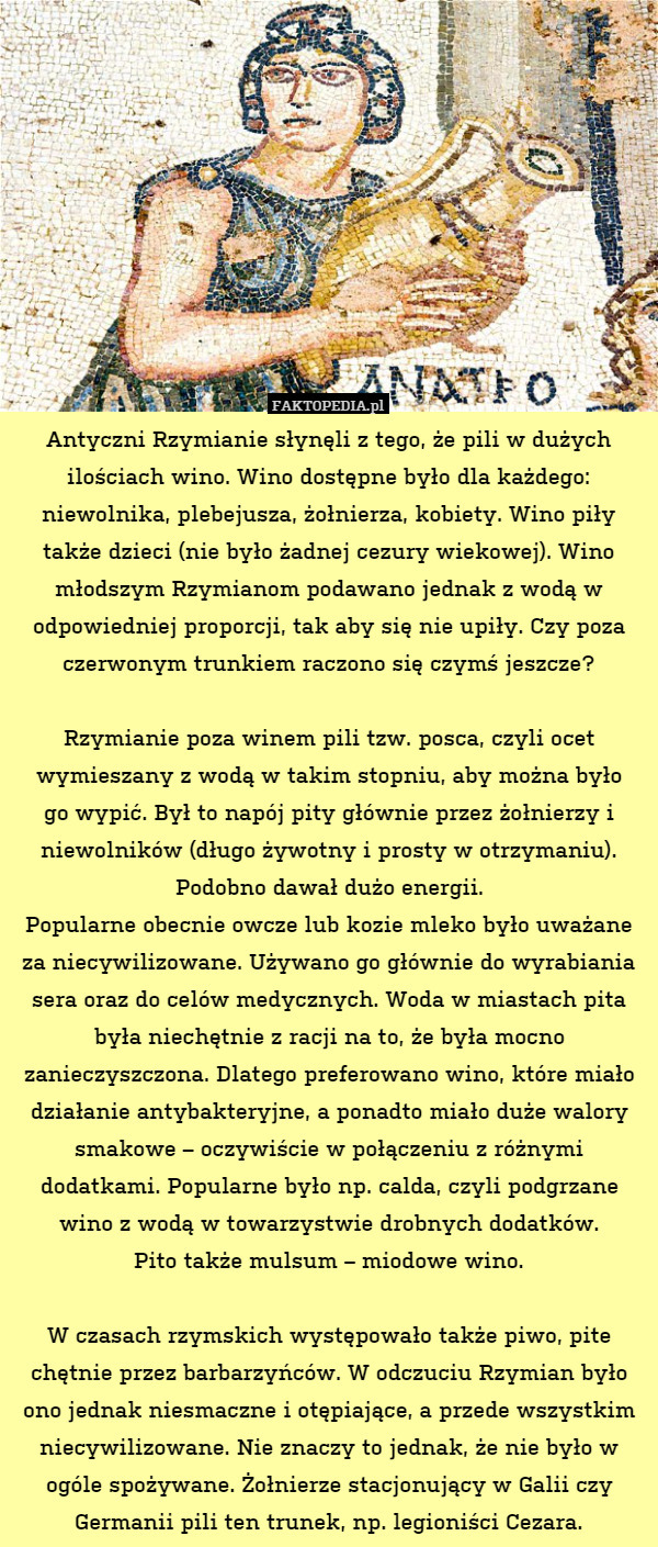 Antyczni Rzymianie słynęli z tego, że pili w dużych ilościach wino. Wino