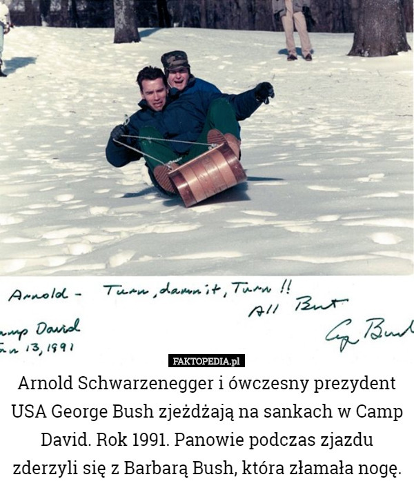 Arnold Schwarzenegger i ówczesny prezydent USA George Bush zjeżdżają na sankach...