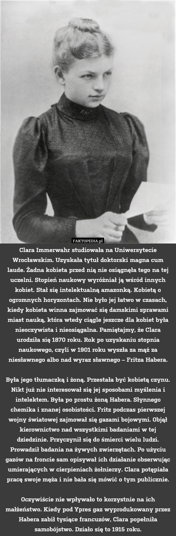 Clara Immerwahr studiowała na Uniwersytecie Wrocławskim. Uzyskała tytuł