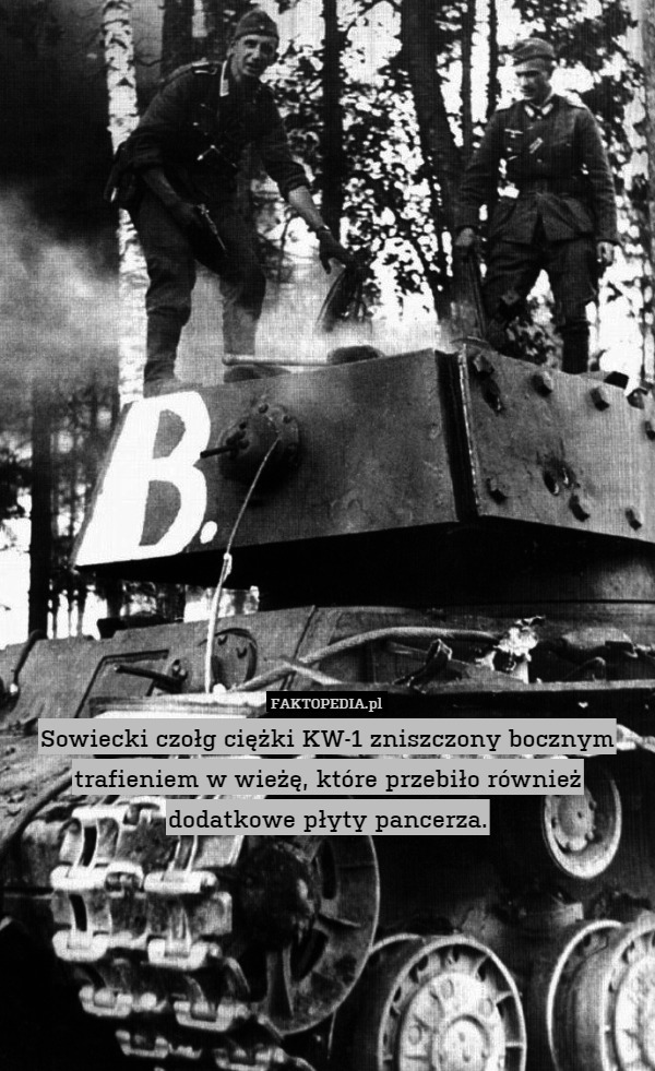 Sowiecki czołg ciężki KW-1 zniszczony bocznym trafieniem w wieżę, które