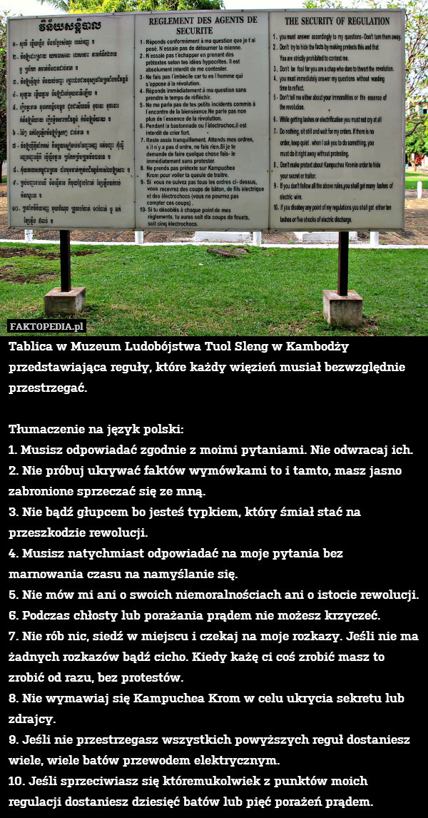 Tablica w Muzeum Ludobójstwa Tuol Sleng w Kambodży przedstawiająca reguły,