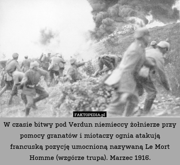W czasie bitwy pod Verdun niemieccy żołnierze przy pomocy granatów i miotaczy