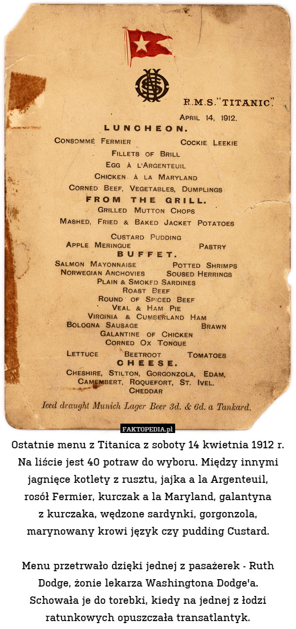 Ostatnie menu z Titanica z soboty 14 kwietnia 1912 r. Na liście jest 40