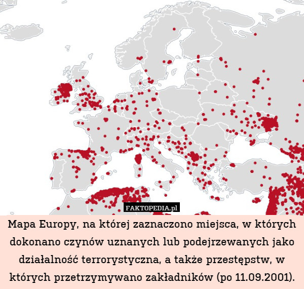 Mapa Europy, na której zaznaczono miejsca w których dokonano czynów uznanych