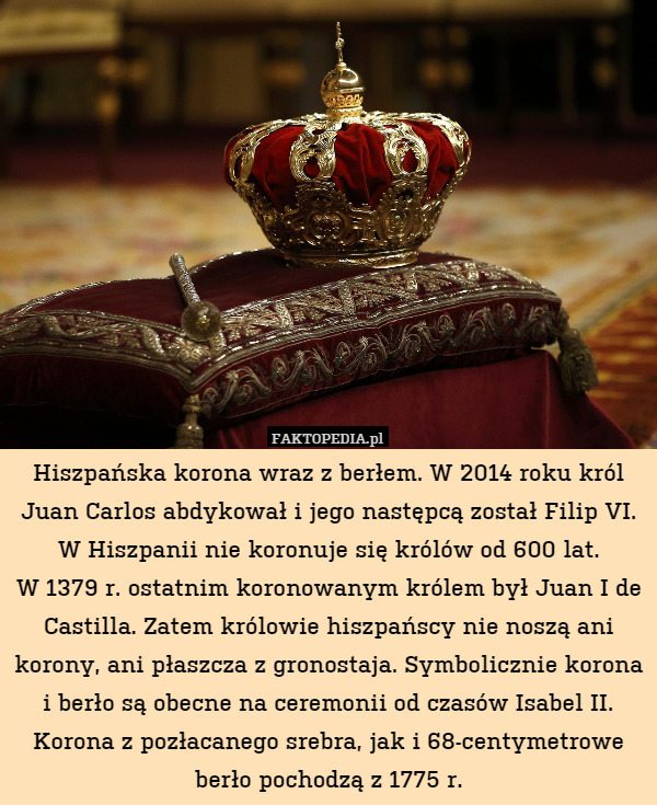 Hiszpańska korona wraz z berłem. W 2014 roku król Juan Carlos abdykował