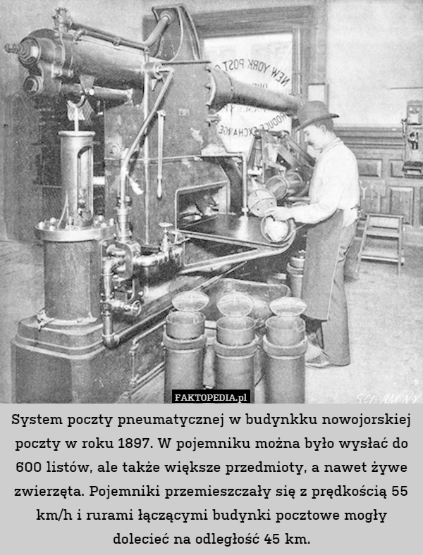 System poczty pneumatycznej w budynkku nowojorskiej poczty w roku 1897.
