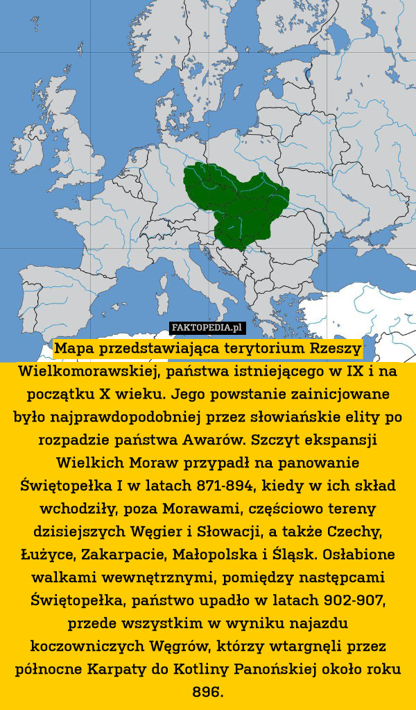 Mapa przedstawiająca terytorium Rzeszy Wielkomorawskiej, państwa istniejącego