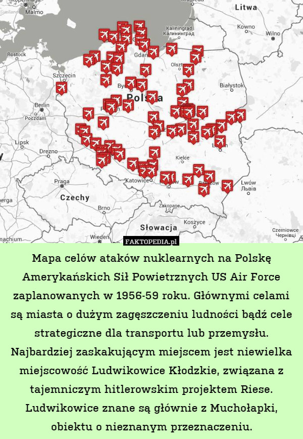 Mapa celów ataków nuklearnych na Polskę Amerykańskich Sił Powietrznych US