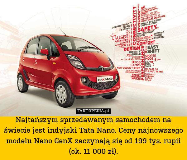 Najtańszym sprzedawanym samochodem na świecie jest indyjski Tata Nano. Ceny