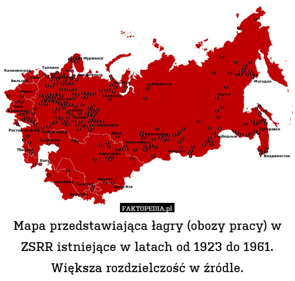 Mapa przedstawiająca łagry (obozy pracy) w ZSRR istniejące w latach od 1923
