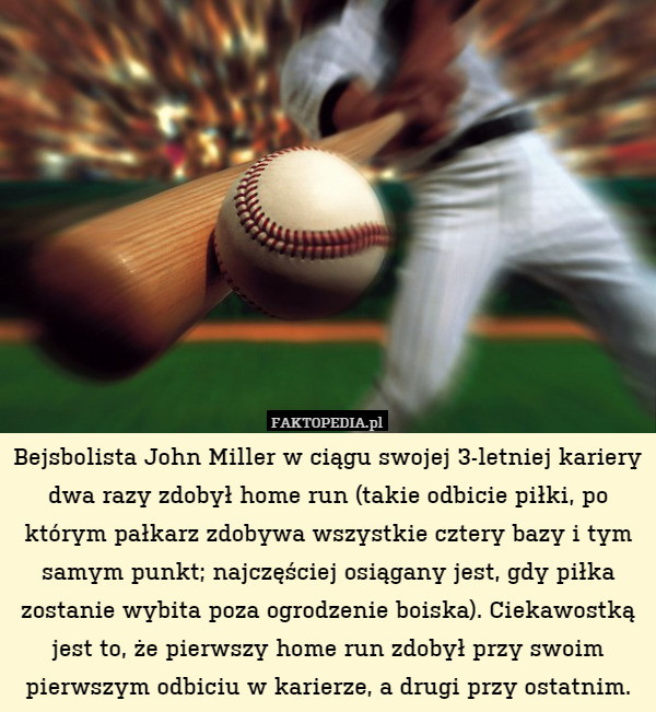 Bejsbolista John Miller w ciągu swojej 3-letniej kariery dwa razy zdobył