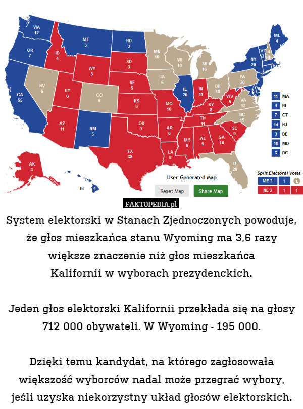 System elektorski w Stanach Zjednoczonych powoduje, że głos mieszkańca stanu