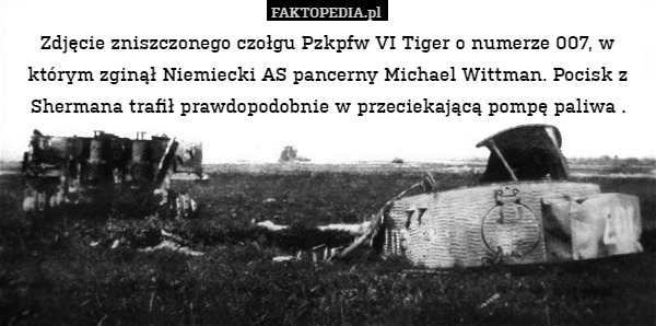 Zdjęcie zniszczonego czołgu Pzkpfw VI Tiger o numerze 007, w którym zginął