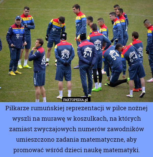 Piłkarze rumuńskiej reprezentacji w piłce nożnej wyszli na murawę w koszulkach,