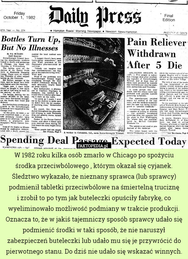 W 1982 roku kilka osób zmarło w Chicago po spożyciu środka przeciwbólowego