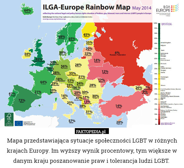 Mapa przedstawiająca sytuacje społeczności LGBT w różnych krajach Europy.