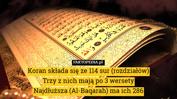 Koran składa się ze 114 sur (rozdziałów)
Trzy z nich mają po 3 wersety
Najdłuższa